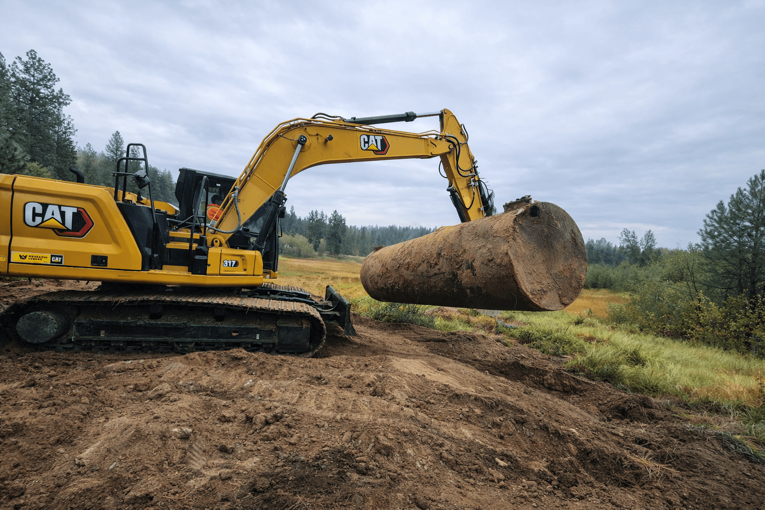 Excavation equipment lifting a septic tank on an Emmett-area project.